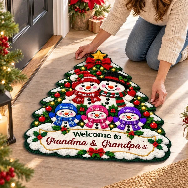 Personalized Shaped Doormat, Colorful Snowman Grandparents and Grandkids by a Christmas Tree, Unique Family Gift