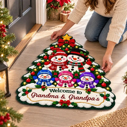 Personalized Shaped Doormat, Colorful Snowman Grandparents and Grandkids by a Christmas Tree, Unique Family Gift