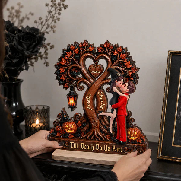 Personalized 2-Layer Wooden Plaque, Kissing Couple Under Halloween Tree, Unique Gift for Couple