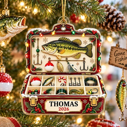Fishing Tackle Box Ornament, Personalized Bass & Lure Keepsake, Creative Christmas Gift for Husband or Angler