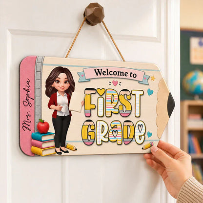 First Grade Wooden Sign With Standing Teacher Cartoon, Personalized Classroom Decor, Unique Teacher Gift