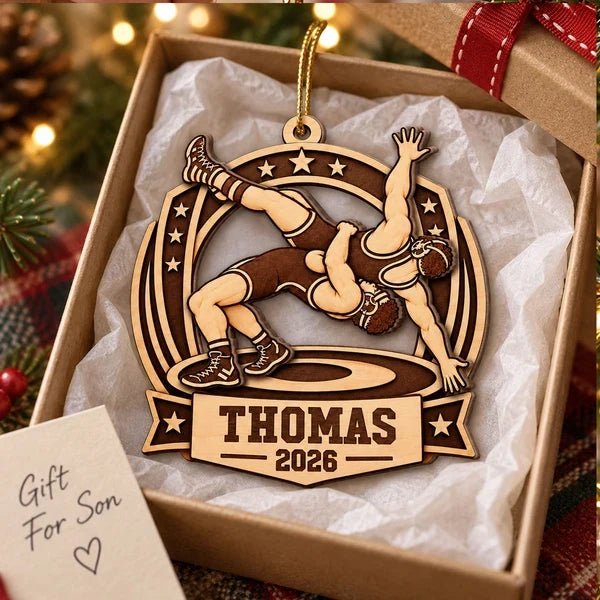 Personalized 2-Layer Wooden Ornament, Warm Brown Wrestling Action, Unique Gift for Son