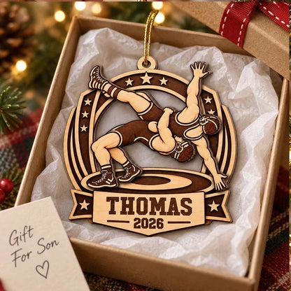 Personalized 2-Layer Wooden Ornament, Warm Brown Wrestling Action, Unique Gift for Son