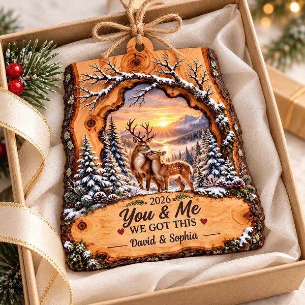 Rustic Personalized Wooden Ornament with You & Me Quote and Deer Standing Together, Creative Gift for Your Partner