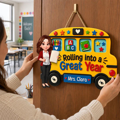 Personalized Teacher Wooden Sign With Yellow School Bus, Unique Back To School Gift For Classroom