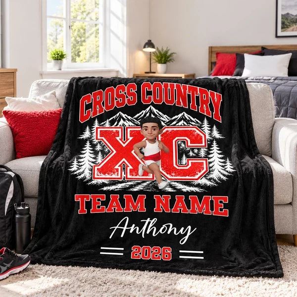 Cross Country Fleece Blanket, Personalized Team Spirit Artwork, Creative Gift for Runners and Grandkids