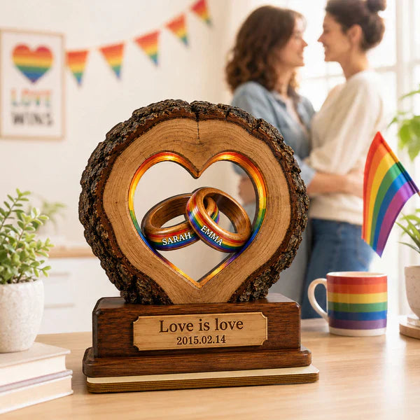 Personalized 2-Layer Wooden Plaque with Rainbow Rings, Unique Gift for LGBTQ Couple Anniversary