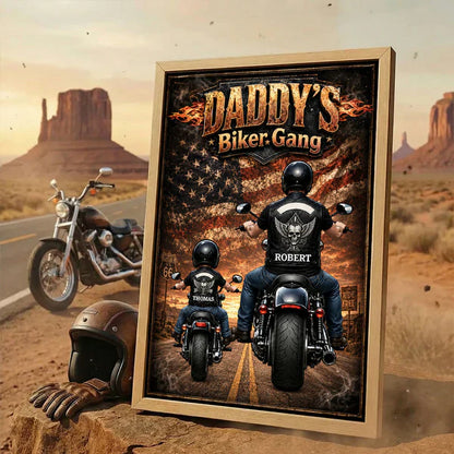 Daddy's Biker Gang Personalized Poster, Dad & Child Riding Motorcycles, Unique Father's Day Gift for Dad