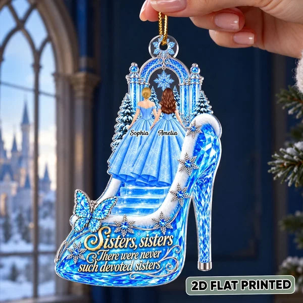 Personalized Acrylic Ornament, Sisters Standing by a Snowy Palace in a Princess Heel, Unique Christmas Gift for Sister