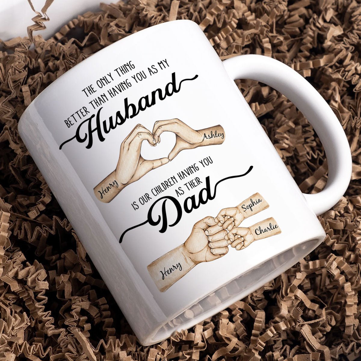 Custom Ceramic Mug With Husband And Dad Quote, Heart Hands Design, Creative Gift From Family