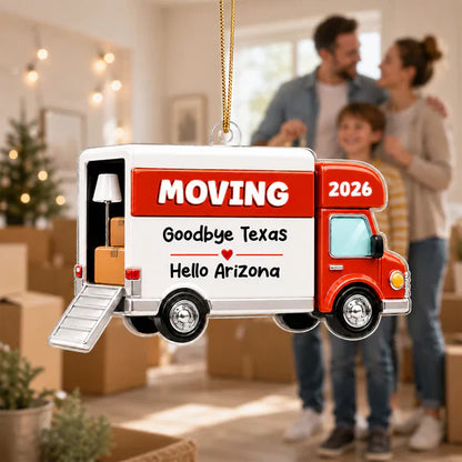 Personalized Acrylic Ornament, Red Moving Van Hanging Tree Decor, Unique New Home Gift for Family