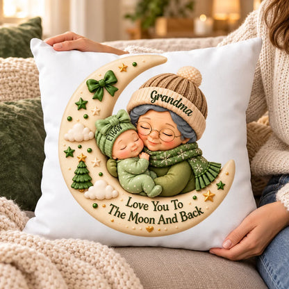 Personalized Square Pillow with Hugging Grandma and Baby on a Christmas Moon, Unique Gift for Grandma