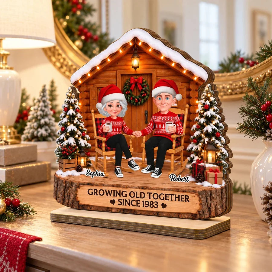 Personalized 2-Layer Wooden Plaque, Couple Holding Hands by a Christmas Cabin, Unique Anniversary Gift