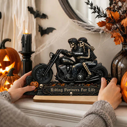 2-Layer Wooden Plaque, Personalized Skeleton Biker Couple Halloween Decor, Unique Gift for Couples
