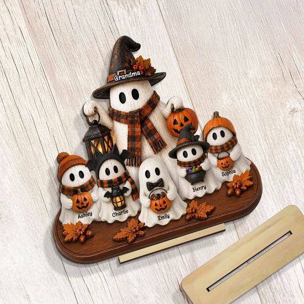 Personalized Wooden Plaque, Grandma and Grandkid Ghosts Standing Together, Rustic Halloween, Unique Gift for Grandma