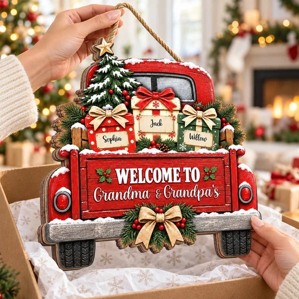 Personalized Wooden Sign with Snowy Red Christmas Truck, Unique Gift for Grandma & Grandpa