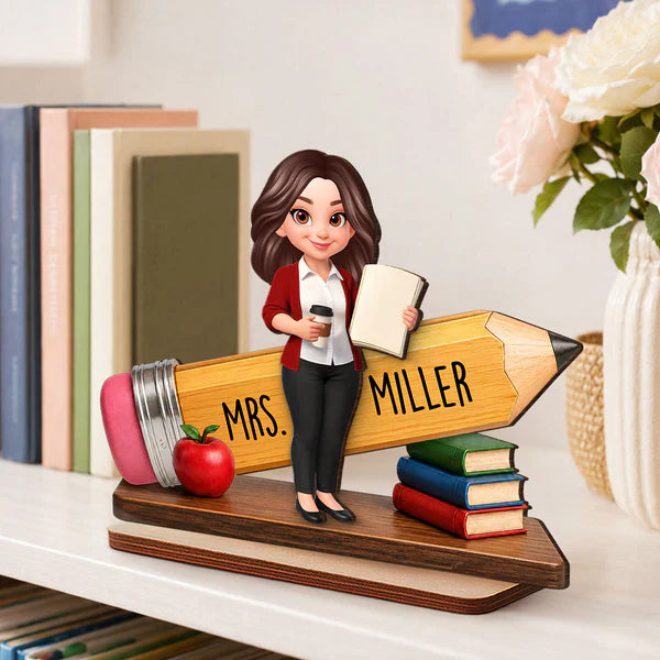 Personalized 2-Layer Wooden Plaque, Standing Teacher Pencil Design, Unique Gift for Classroom Desk