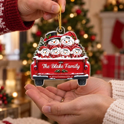 Personalized Acrylic Ornament, Snowman Family Riding in a Snowy Red Truck, Unique Christmas Gift for Family