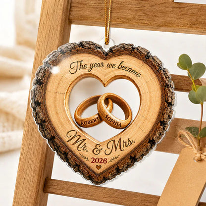 Personalized Acrylic Ornament, Heart Ring Wedding Keepsake, Unique Gift for Couple, Mr. & Mrs Holiday Decor