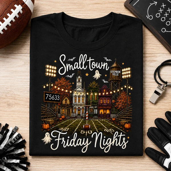 Personalized Classic Tee, Spooky Friday Night Hometown Artwork, Creative Gift for Local Sports Fans