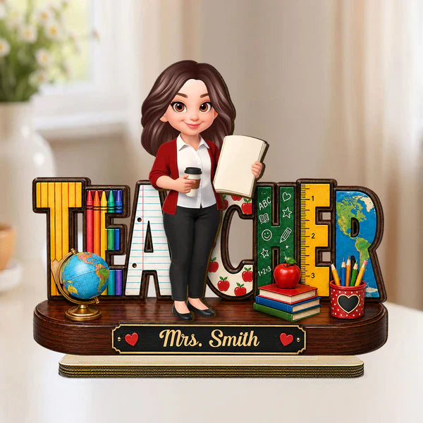 Personalized 2-Layer Wooden Plaque, Standing Cartoon Teacher with School Supplies, Unique Gift for Teacher