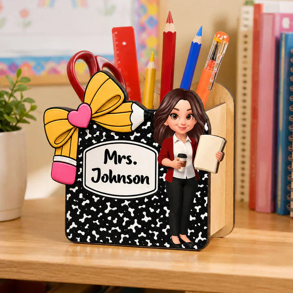 Personalized Wooden Pen Holder, Cute Cartoon Teacher Desk Organizer, Unique Creative Gift for Teacher
