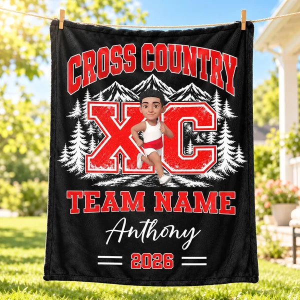 Cross Country Fleece Blanket, Personalized Team Spirit Artwork, Creative Gift for Runners and Grandkids
