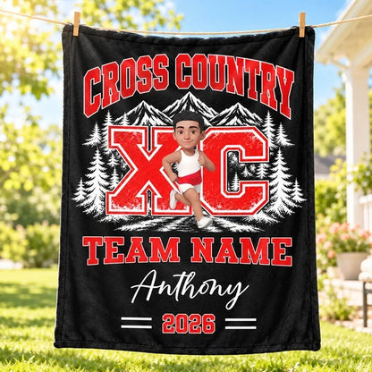 Cross Country Fleece Blanket, Personalized Team Spirit Artwork, Creative Gift for Runners and Grandkids