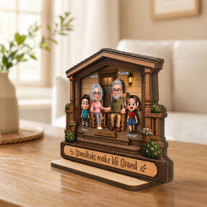 Personalized 2-Layer Wooden Plaque, Warm Cartoon Grandparents & Grandkids Porch Scene, Unique Gift for Grandparents