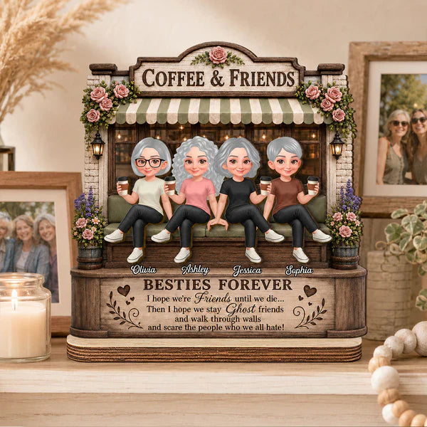 Personalized 2-Layer Wooden Plaque, Seated Friends with Coffee, Unique Gift for Besties