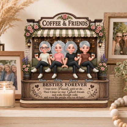 Personalized 2-Layer Wooden Plaque, Seated Friends with Coffee, Unique Gift for Besties