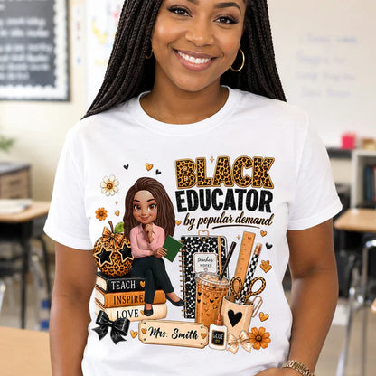 Personalized Black Educator Classic Tee, Cute Teacher Illustration, Unique Back to School Gift