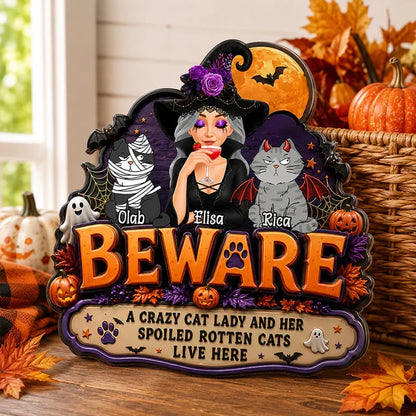 Personalized Wooden Sign, Crazy Cat Lady Halloween Witch & Cats Decor, Unique Creative Gift for Cat Lovers
