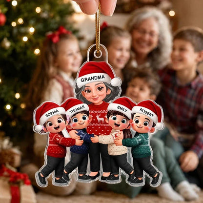 Personalized Acrylic Ornament, Cartoon Grandma Hugging Grandkids, Red Christmas Decor, Unique Gift for Grandma