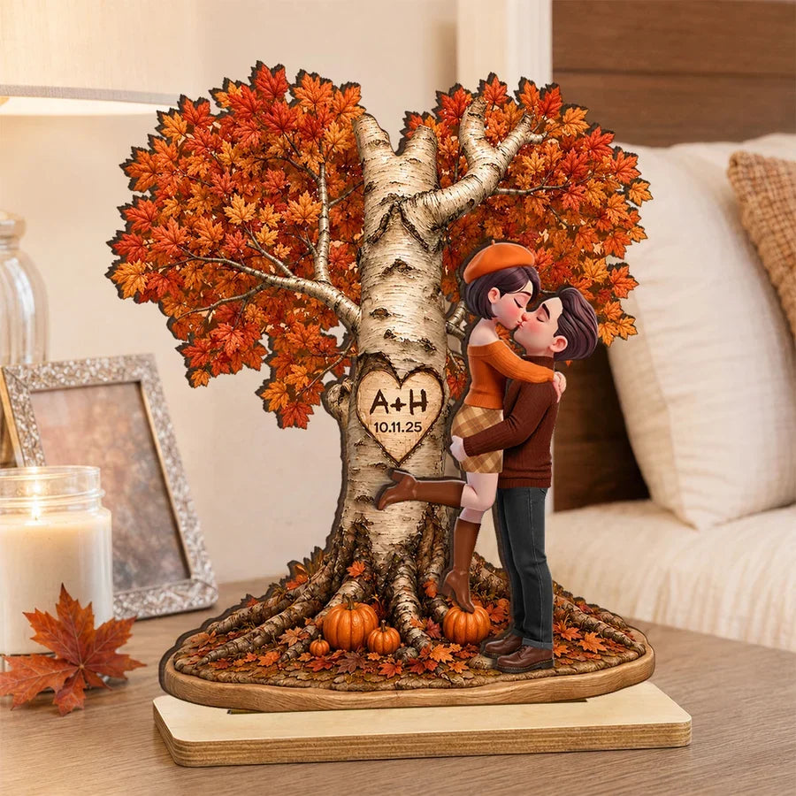 Personalized 2-Layer Wooden Plaque, Fall Love Tree Couple Kiss, Unique Creative Gift for Couple