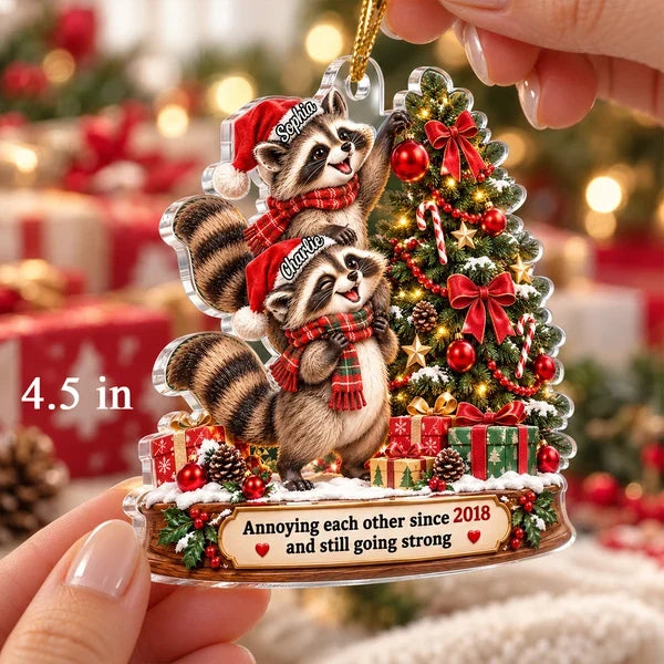 Personalized Acrylic Ornament, Funny Raccoon Couple Decorating a Christmas Tree, Unique Gift for Couples