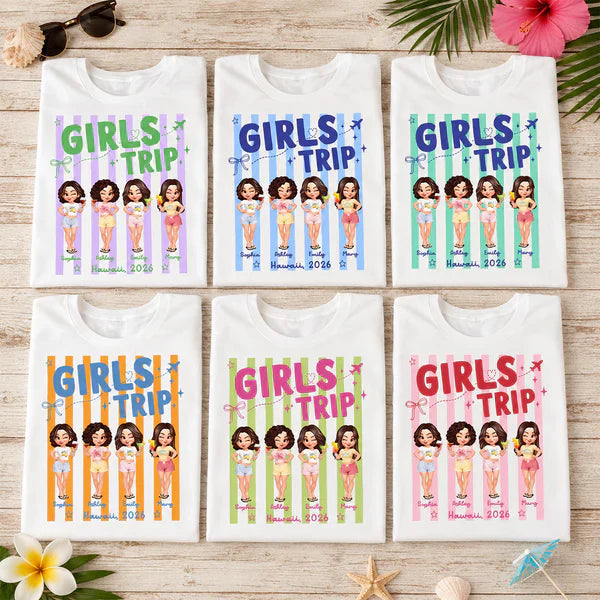 Classic Tee, Personalized Girls Trip Cartoon Friends with Drinks, Pink Stripe Vacation, Unique Creative Gift