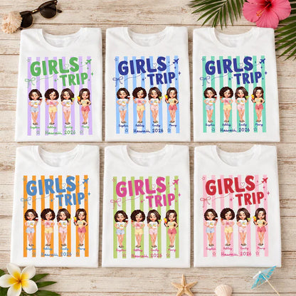 Classic Tee, Personalized Girls Trip Cartoon Friends with Drinks, Pink Stripe Vacation, Unique Creative Gift