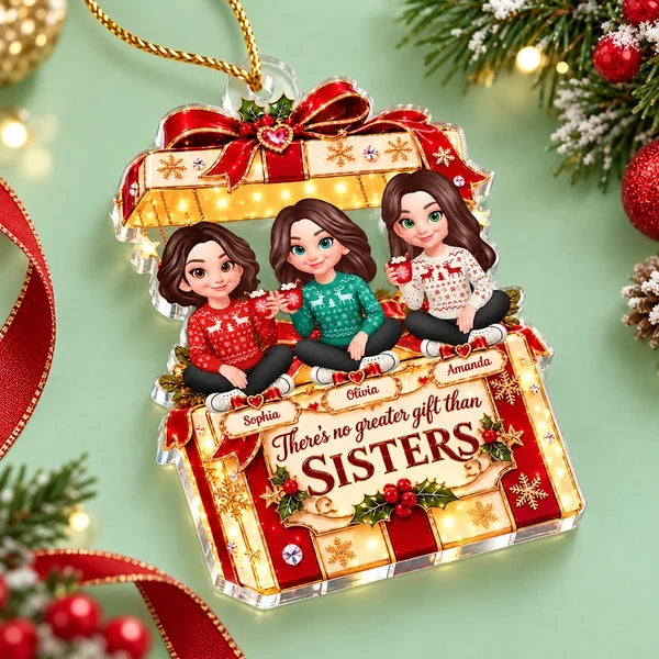 Personalized Acrylic Ornament, Cartoon Sisters Holding Mugs, Red & Gold Unique Christmas Gift for Sisters