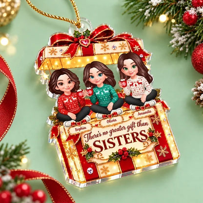 Personalized Acrylic Ornament, Cartoon Sisters Holding Mugs, Red & Gold Unique Christmas Gift for Sisters