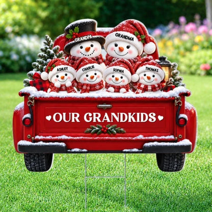 Personalized Shaped Yard Sign, Snowman Family Riding a Red Truck, Unique Christmas Gift for Grandparents