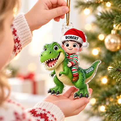 Personalized Acrylic Ornament, Festive Child Riding a Green Dinosaur, Creative Keepsake Gift for Grandkids