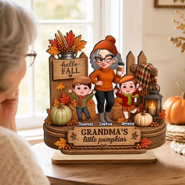 Personalized Wooden Plaque, Winking Grandma With Waving Grandkids in a Fall Scene, Unique Gift for Grandma