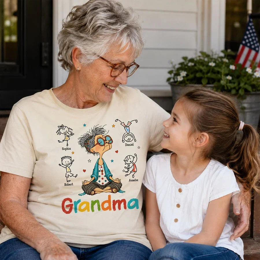 Personalized Grandma Classic Tee, Meditating Cartoon Grandkids Design, Unique Creative Gift for Grandma