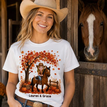 Personalized Classic Tee with Cartoon Cowgirl Riding a Horse in an Orange Fall Scene, Creative Gift for Horse Lovers