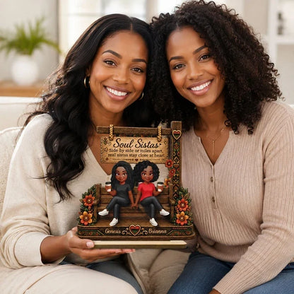 Personalized Layered Wooden Plaque, Soul Sistas Sharing Coffee on a Rustic Bench, Unique Gift for Best Friend