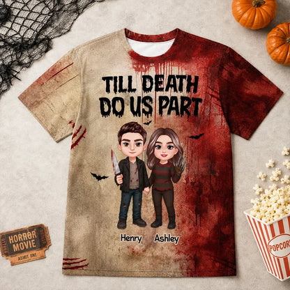 Till Death Do Us Part Personalized Printed Classic Tee, Red Horror Couple Art, Creative Gift for Couples