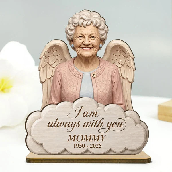 Personalized Wooden Plaque with Custom Memorial Portrait and Angel Wings, Unique Sympathy Gift for Family