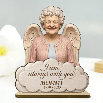 Personalized Wooden Plaque with Custom Memorial Portrait and Angel Wings, Unique Sympathy Gift for Family