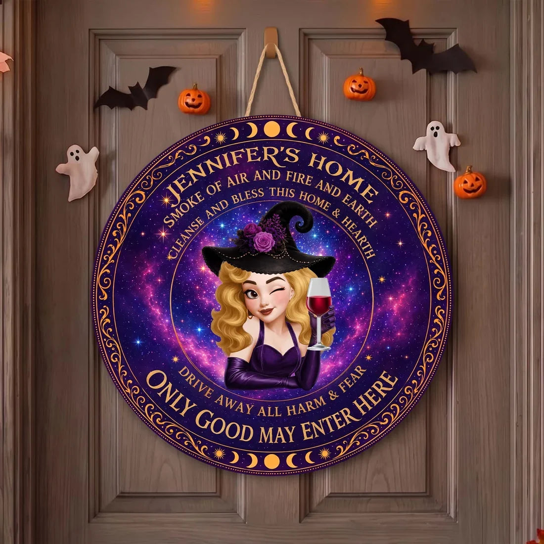 Personalized Wooden Sign with Witch & Moon Design, Halloween Door Decor, Unique Gift for Home Decor Lover